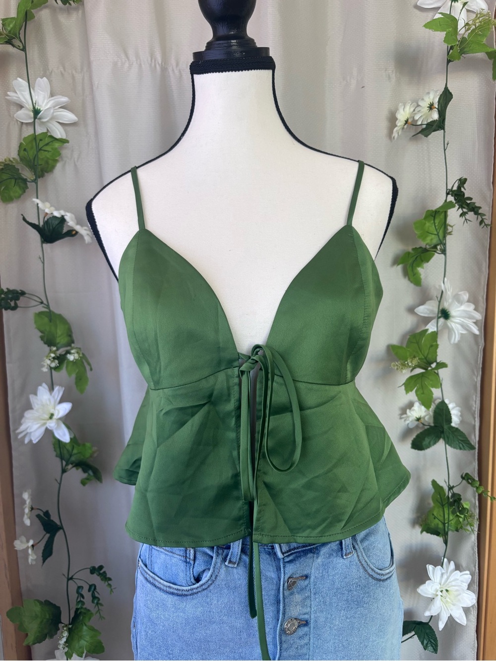Dynamite- Olive Green Tie-Front Spaghetti Strap Peplum Camisole- Size Small